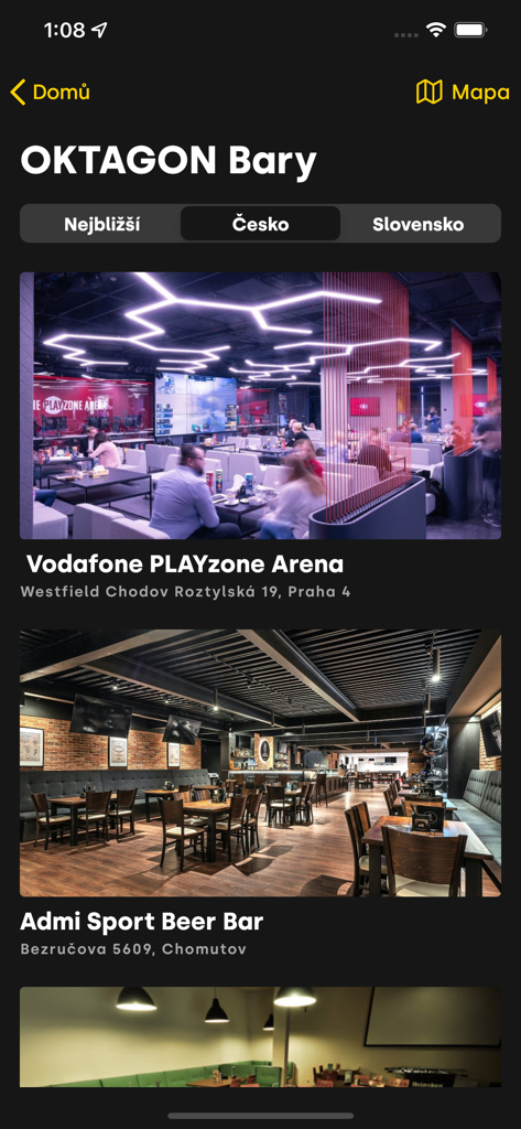 Lista de bares e arenas esportivas parceiras do OKTAGON no aplicativo móvel mostrando fotos e locais dos estabelecimentos