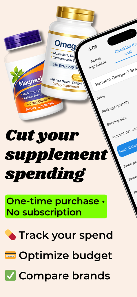 Dose Cost: Supplements - Interfaccia dell'app Dose Cost che mostra come monitorare e ottimizzare le spese per integratori senza abbonamento