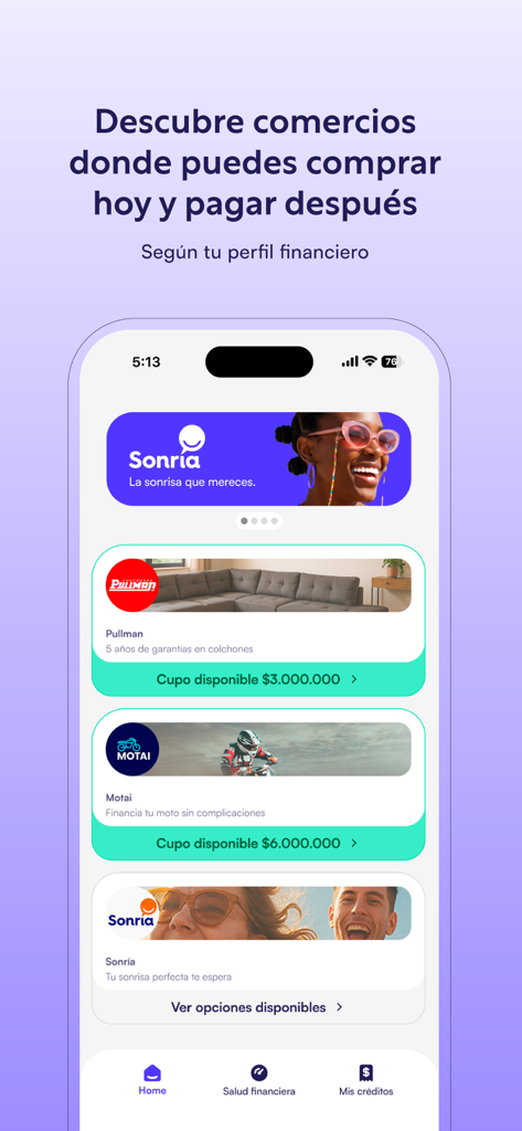 Creditop - Interfaz de la app Creditop que muestra un directorio de comerciantes para opciones de financiamiento "compra ahora, paga después".