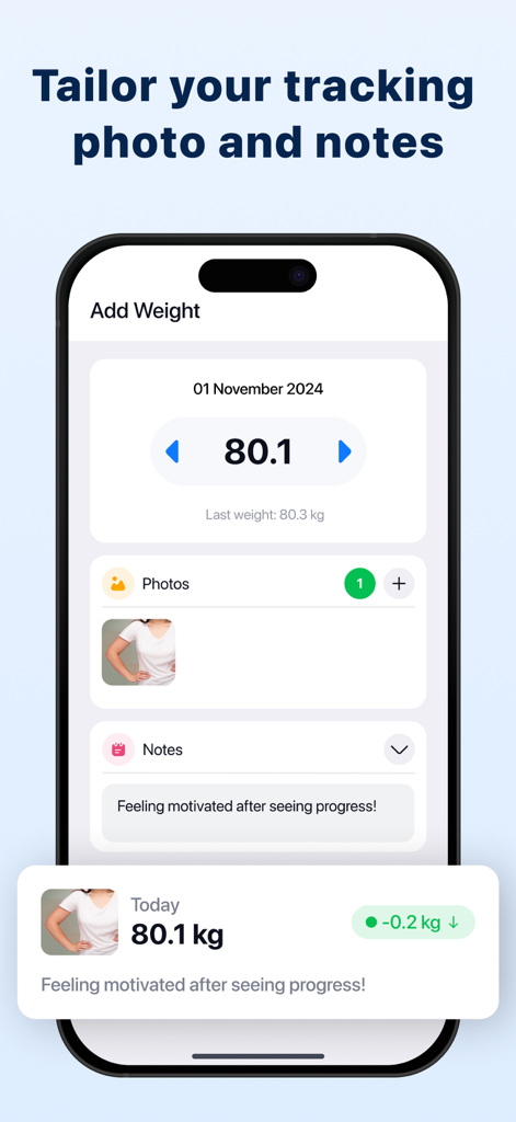 WTrack app interface for logging daily weight with progress photos and motivational notes