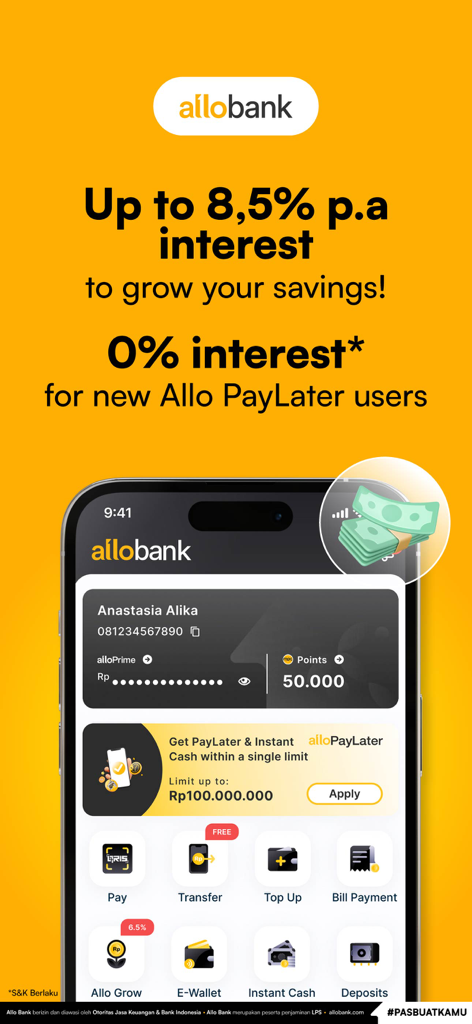 Pantalla de la aplicación de banca digital Allo Bank destacando ahorros de alto interés y beneficios de paylater.