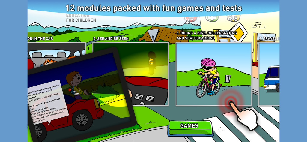 자전거 안전 및 가시성 모듈을 보여주는 교통 안전 앱 선택 화면