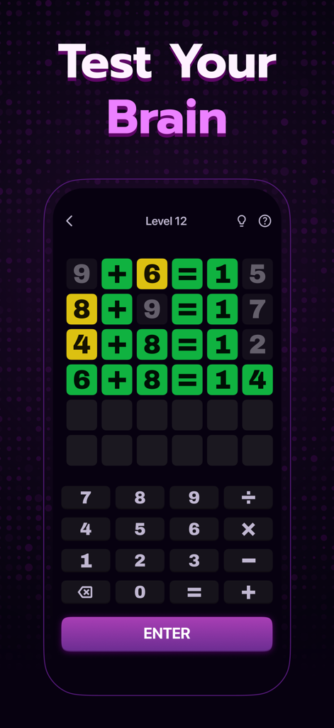 SolveMate: Math Puzzle Game - SolveMate数学パズルのゲームプレイ画面。色分けされたヒントがある数値方程式のチャレンジが表示されています。