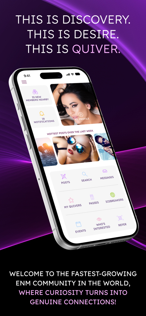 Smartphone displaying the Quiver dating app home screen highlighting its ENM community and discovery features.