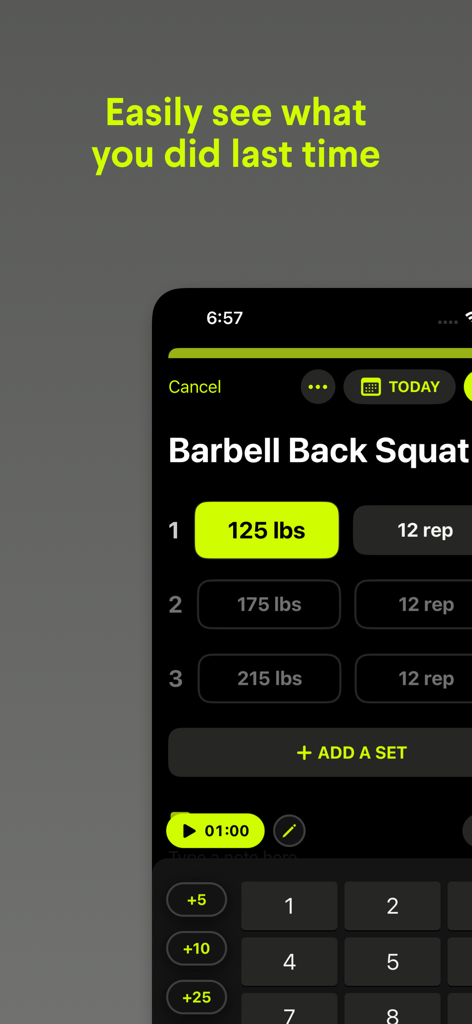 Gains Workout Tracker Gym Log - Gains workout tracker interface showing previous sets and weights for a barbell back squat