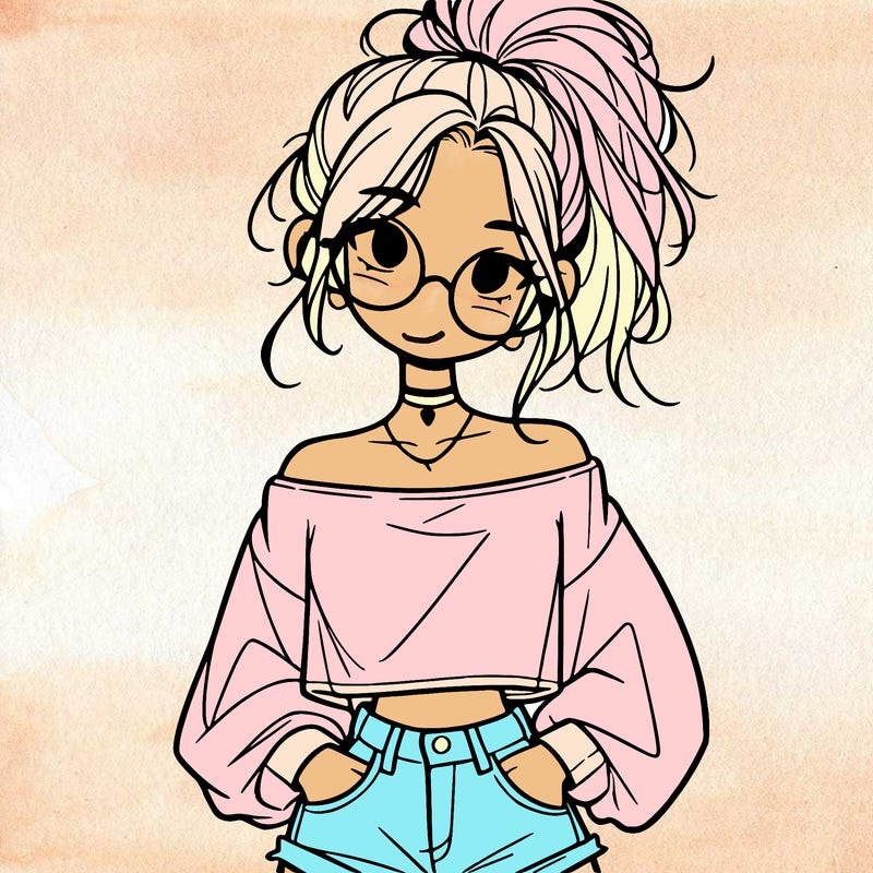 girl with a messy ponytail glasses a baggy crop top and jean shorts