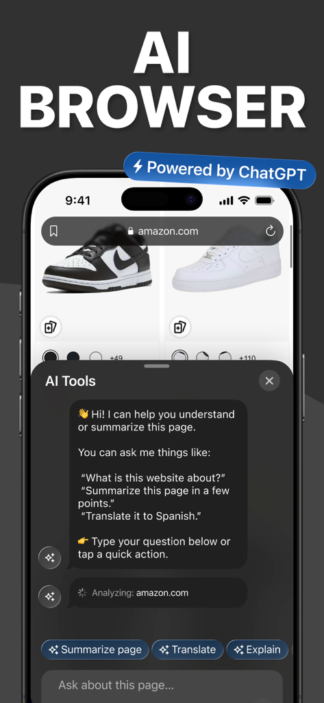 Interface de l'application AI Browser sur iPhone montrant les outils alimentés par ChatGPT pour résumer et traduire des pages web