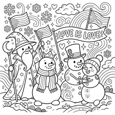 Celebrate love, diversity, and magic with our delightful Fantasy Snowmen Pride coloring page. Join wizard snowmen and loving couples in a joyous scene filled with rainbows, flags, and the powerful message that love is love.