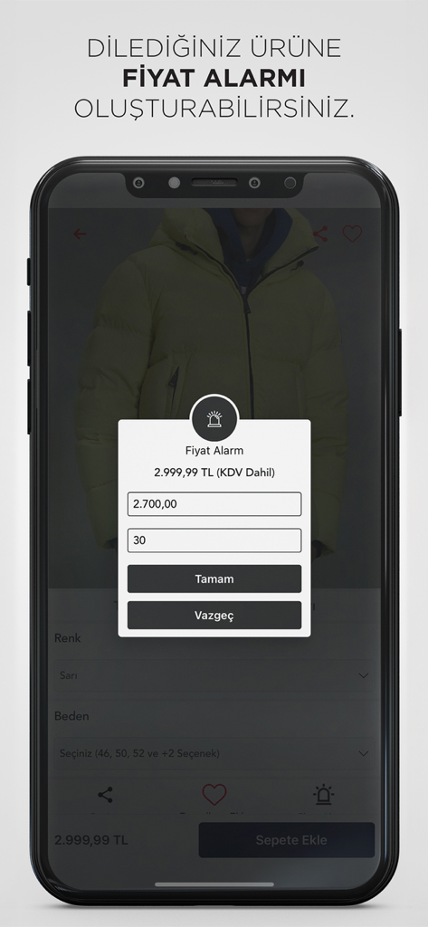 LUFIAN - Interfaz de la app Lufian mostrando una notificación de alerta de precio para una chaqueta acolchada amarilla para hombre