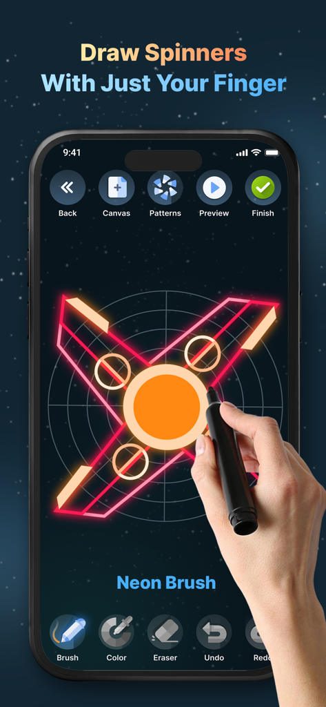 Finger Spinner: Neon Glow Art - Mano che disegna uno spinner fidget al neon luminoso su un dispositivo mobile