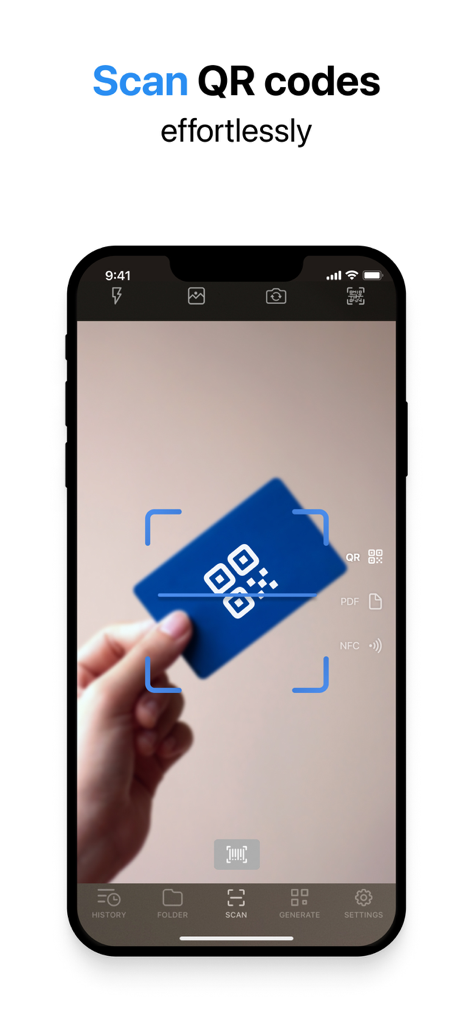 Qr-Code Scanner & Creator App - Interfaz de iPhone que muestra el escaneo sin esfuerzo de un código QR en una tarjeta azul
