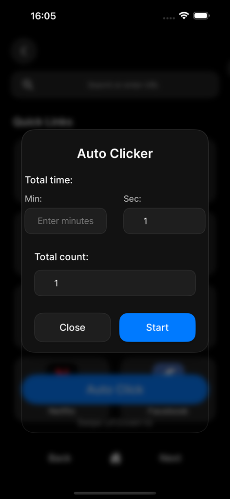 Auto Clicker Assistant TapStom - Settings interface for the Auto Clicker feature in TapStorm showing total time and click count options