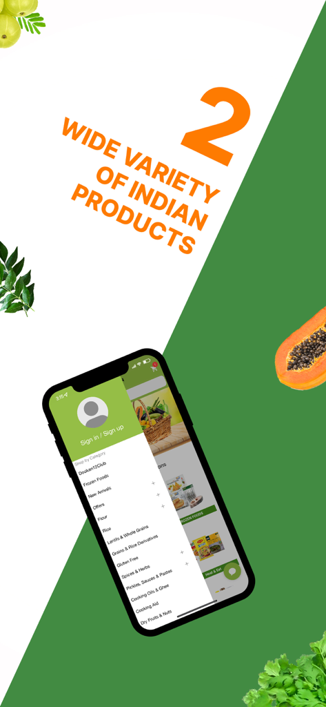 Dookan-Online Groceries - Dookan-App-Oberfläche auf einem Smartphone, die ein Seitenmenü mit indischen Lebensmittelkategorien wie Linsen, Reis und Gewürzen anzeigt