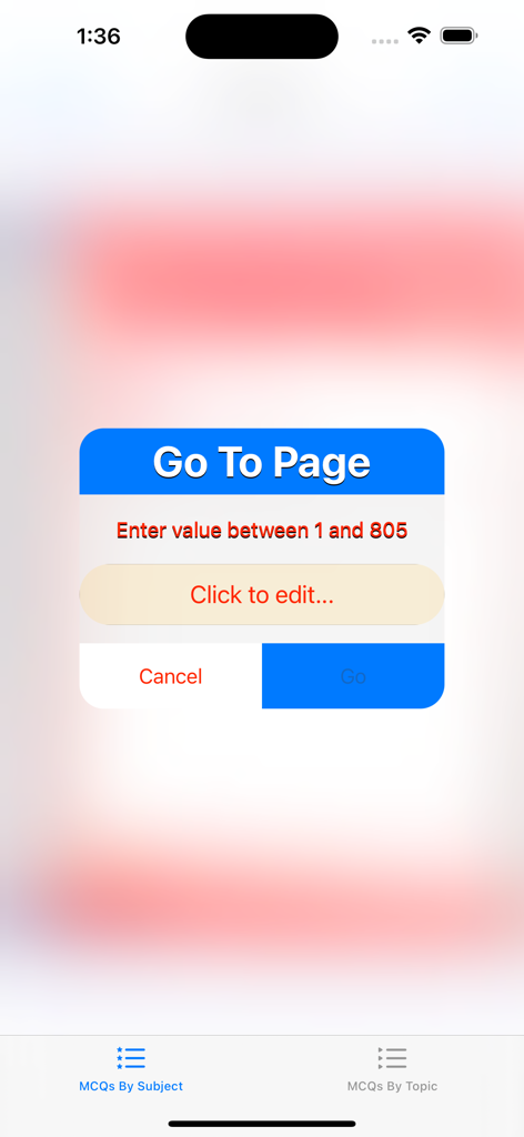 AMC Question Bank - A pop up dialog box for page navigation in the AMC Question Bank app