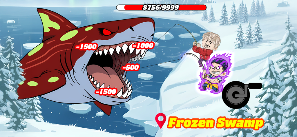 Fishing Mega Battle - 凍った沼で巨大なサメのモンスターと戦う2人のキャラクター。