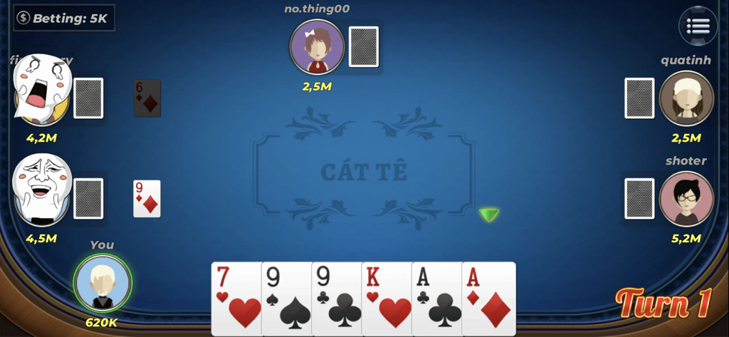 A gameplay screen of the Catte Offline card game showing a virtual table with several players and a hand of tactical cards.