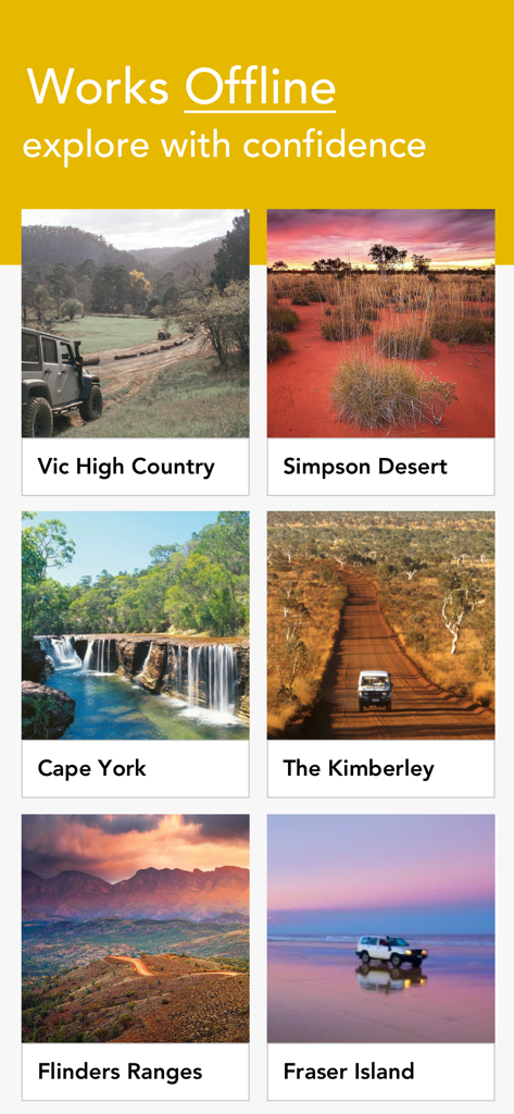 Billy Goat Offroad - A collection of iconic Australian off-road locations including the Simpson Desert and Cape York showcasing the app's offline capabilities.