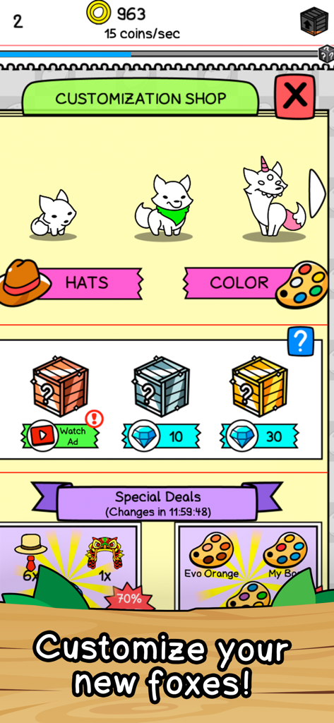 Fox Evolution - Clicker Game - Customization shop interface in Fox Evolution game showing options to change hats and colors for various fox mutations.