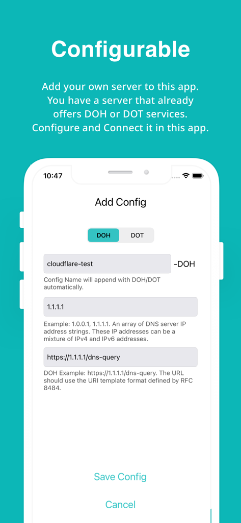 Interfaccia dell'app DNS Security Pro che mostra come aggiungere una configurazione DNS personalizzata per server DOH e DOT.