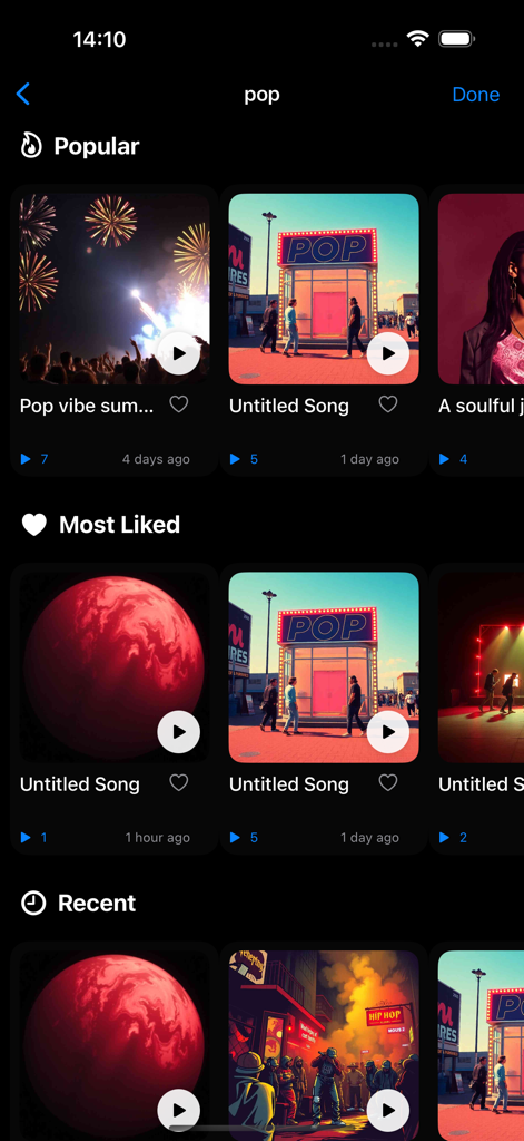 Melo - AI Song Generator - Tela de descoberta do Melo AI Song Generator apresentando faixas pop populares e mais curtidas.