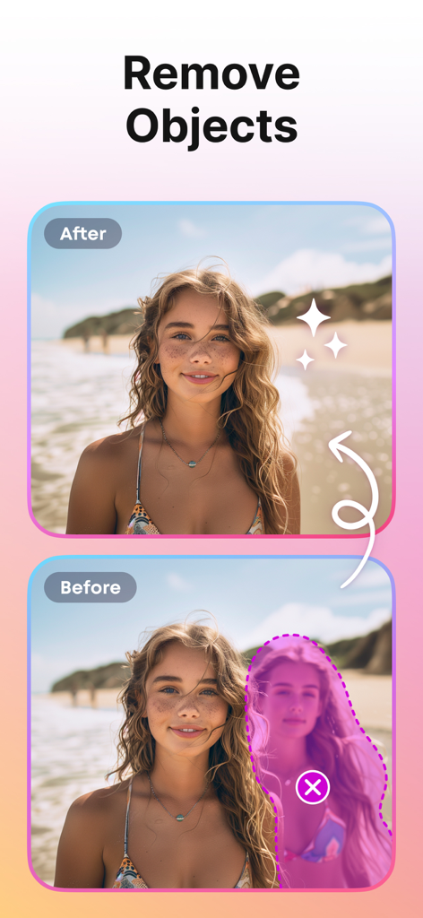 PhotoCut - AI Photo Editor - Before and after comparison showing a person being removed from a beach photo using the PhotoCut AI object removal tool.