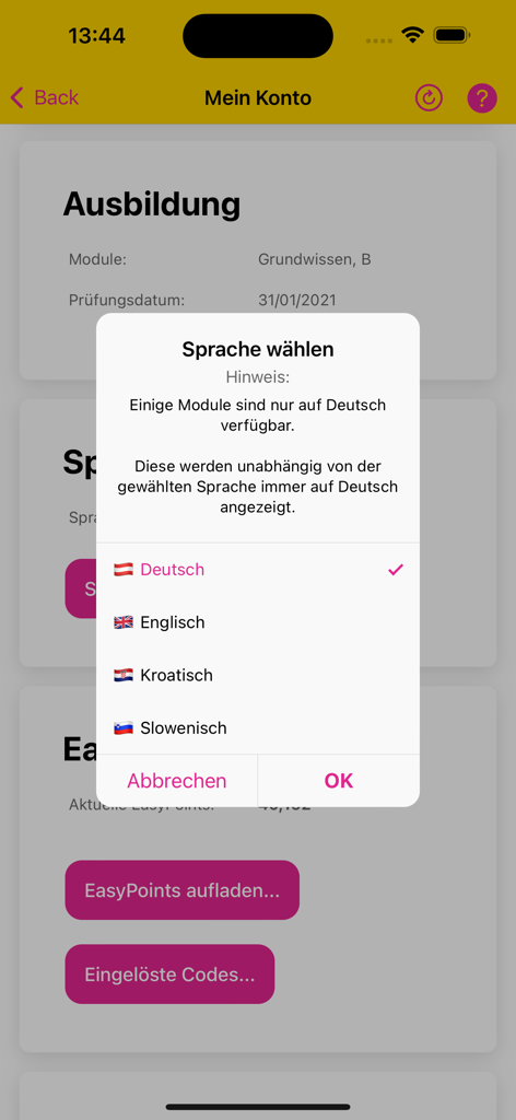 Webtraining - Pop-up di selezione della lingua nell'app Webtraining della scuola guida che mostra le opzioni per tedesco e inglese