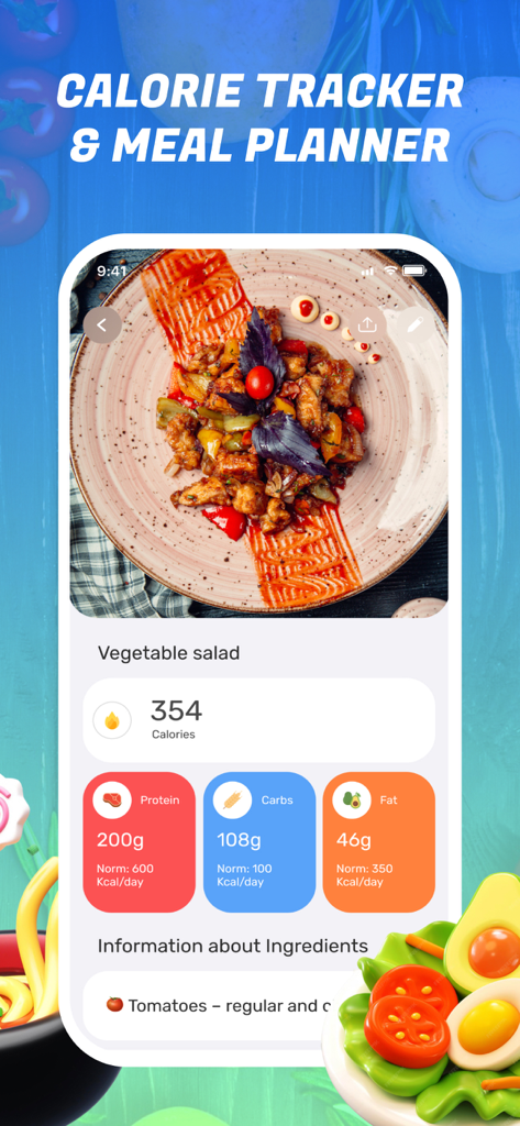 Calorie AI・Loss Weight Tracker - Calorie AI app interface showing meal calorie count and macro breakdown for a vegetable salad