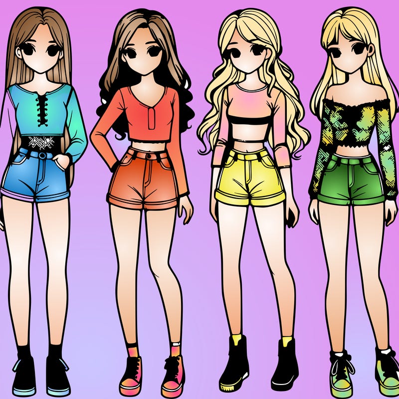 group of 4 realistic girls full body
