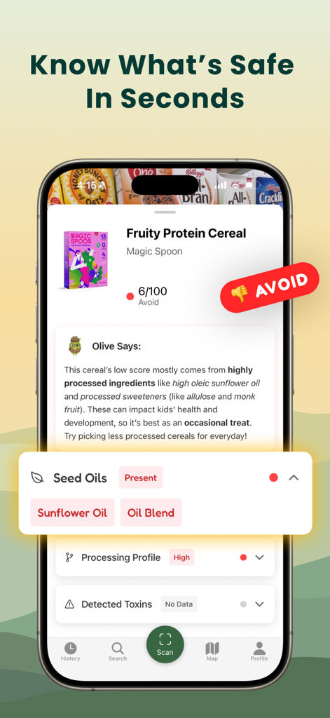 Olive app interface showing a health rating for cereal and highlighting the presence of seed oils and processed ingredients.