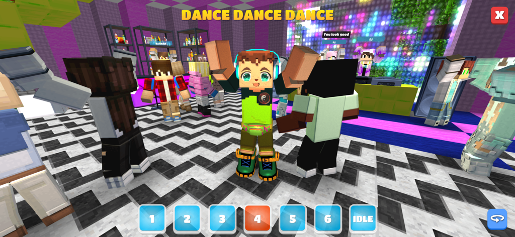 Personajes de estilo bloqueado bailando en una discoteca colorida en School Party Craft