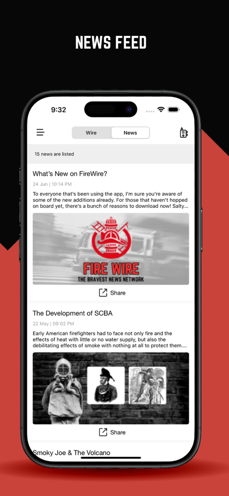 The Fire Wire App news feed displaying firefighting articles and historical updates