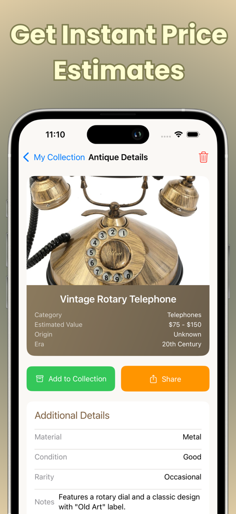 Antique Identifier app interface showing price estimation and details for a vintage rotary telephone
