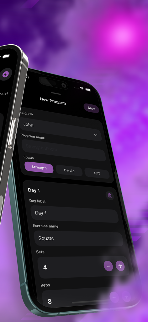 Prize Sport Helper - Interface of the Prize Sport Helper app for creating a new training program and adding exercises for a client