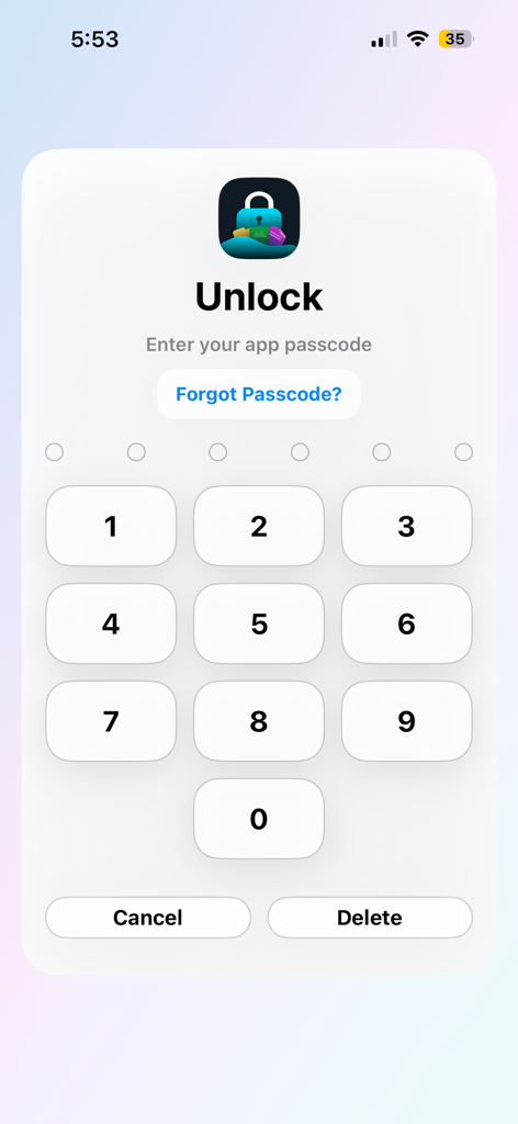 Lock it - Hide Photos, Files - La pantalla de desbloqueo de la aplicación Lock it con un teclado numérico para introducir un código de acceso seguro