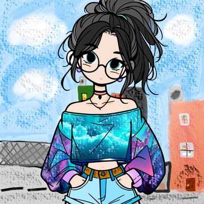 girl with a messy ponytail glasses a baggy crop top and jean shorts