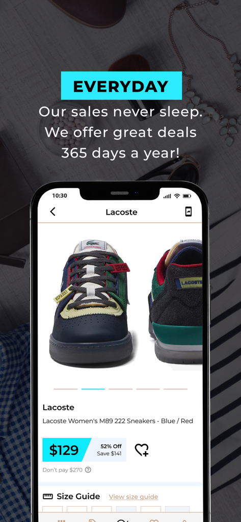 OZSALE - OZSALE app interface showing Lacoste sneakers with a 52 percent discount