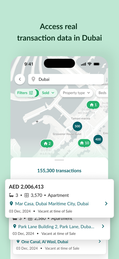 Bayut app interface displaying historical real estate transaction data and sold property prices on a map of Dubai