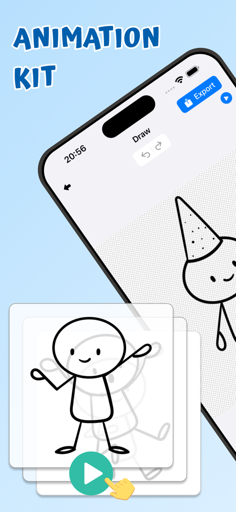 Animation Kit - Draw Animation - Écran de smartphone affichant l'interface de l'application Animation Kit avec un personnage en bâton dessiné à la main et des outils d'animation