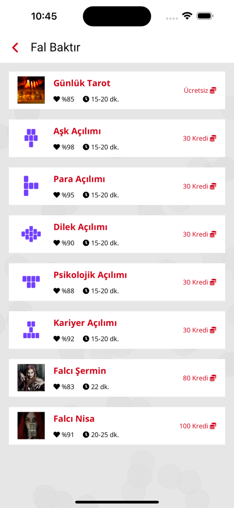 Selection screen for different tarot spreads including daily love and career readings