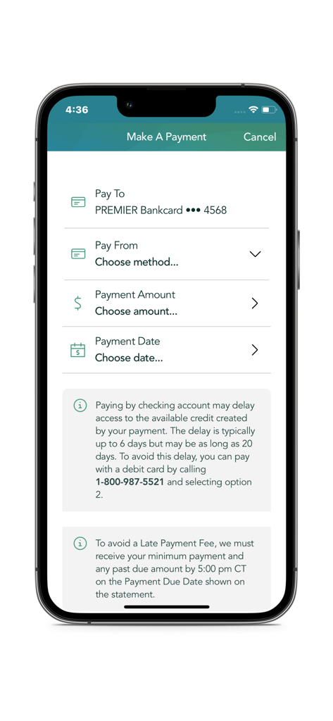 Make A Payment screen in the PREMIER Credit Card app for managing bill payments