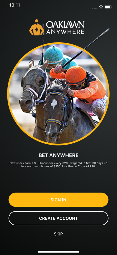 OaklawnAnywhere - OaklawnAnywhere app welcome screen featuring horse racing imagery and sign in options