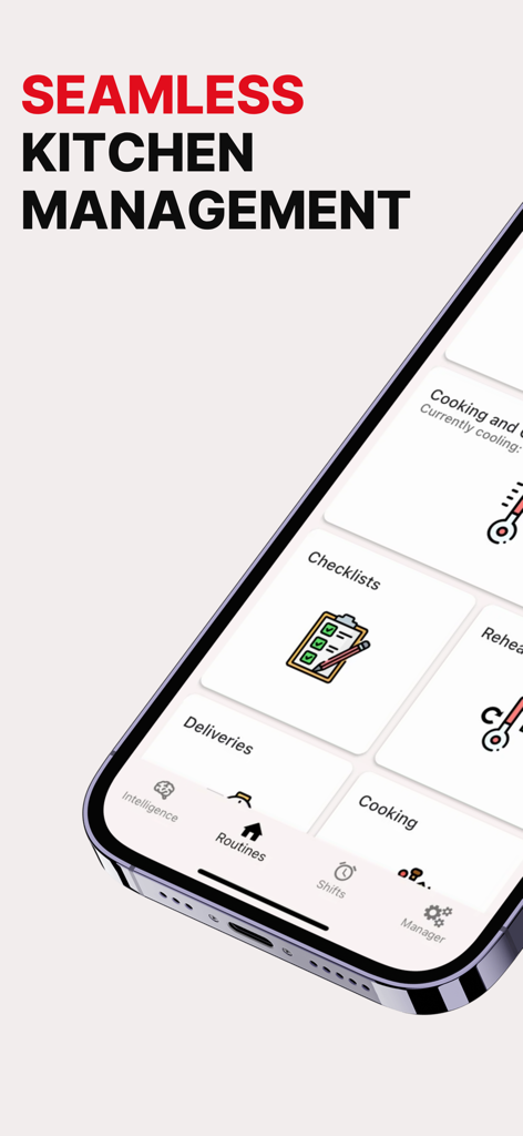 Leafe - Painel do aplicativo Leafe exibindo recursos de gerenciamento de cozinha como checklists e entregas em um iPhone.