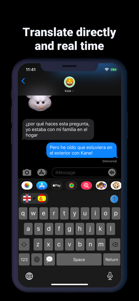 Translate Keyboard for Chat - Custom keyboard translating English to Spanish text in a real-time chat