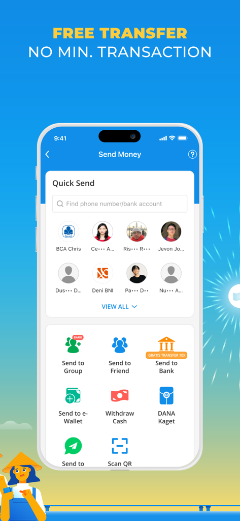 DANA app Send Money screen showing quick send contacts and various transfer options like bank accounts and e-wallets