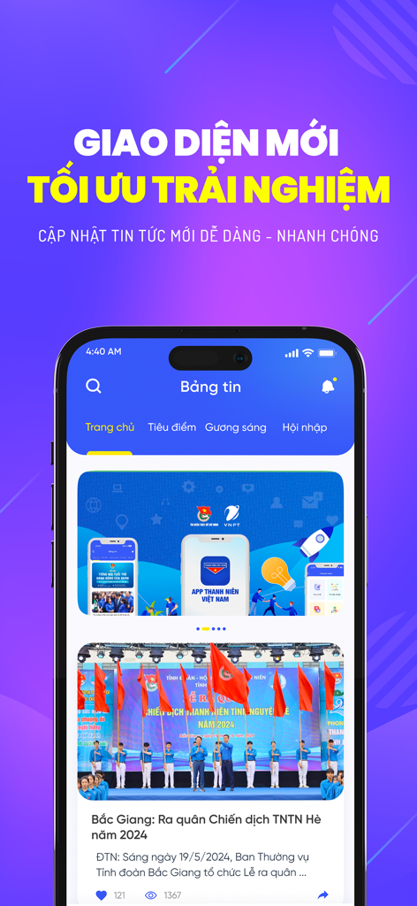 Nachrichten-Feed-Oberfläche der offiziellen Thanh nien Viet Nam App mit Veranstaltungen und Updates der Jugendunion