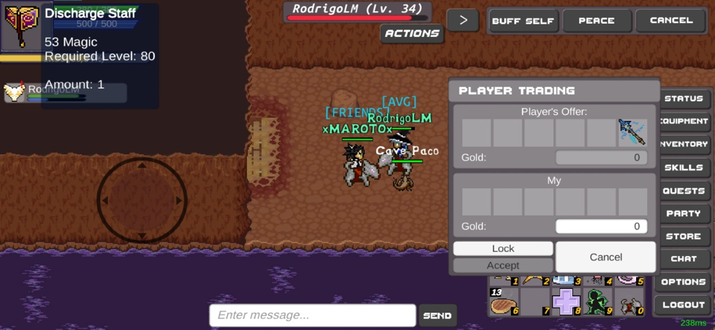 Delta Mmorpg - 델타 MMORPG 2D 픽셀 게임의 플레이어 거래 창 및 아이템 통계