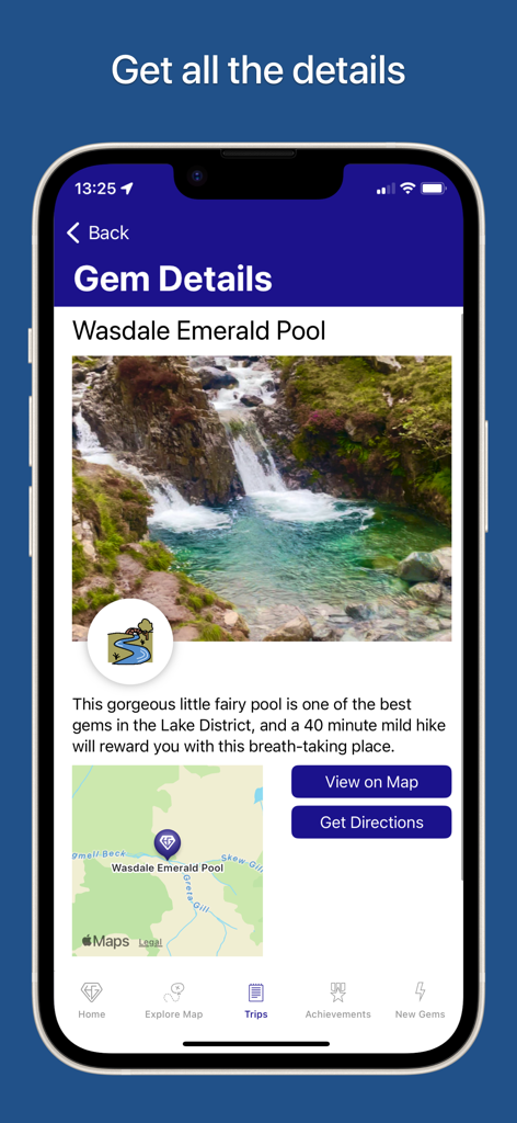 UK Hidden Gems - The UK Hidden Gems app displaying details and map for the Wasdale Emerald Pool