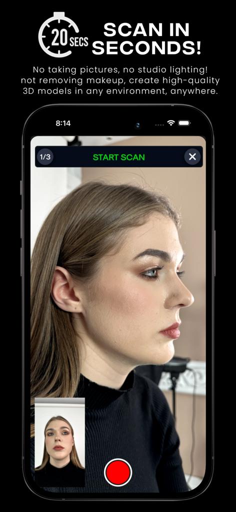 Kratos Surgery - Smartphone screen showing the Kratos Surgery app facial scanning feature with a woman's side profile
