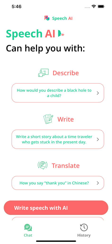 Speech AI - AI Essay Writer - Pantalla de inicio de la aplicación Speech AI resaltando funciones para describir escritura y traducir con IA
