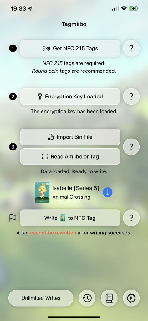 Tagmiibo: Write NFC Tags - La pantalla principal de la aplicación Tagmiibo que muestra los pasos para escribir una etiqueta NFC de Canela de Animal Crossing